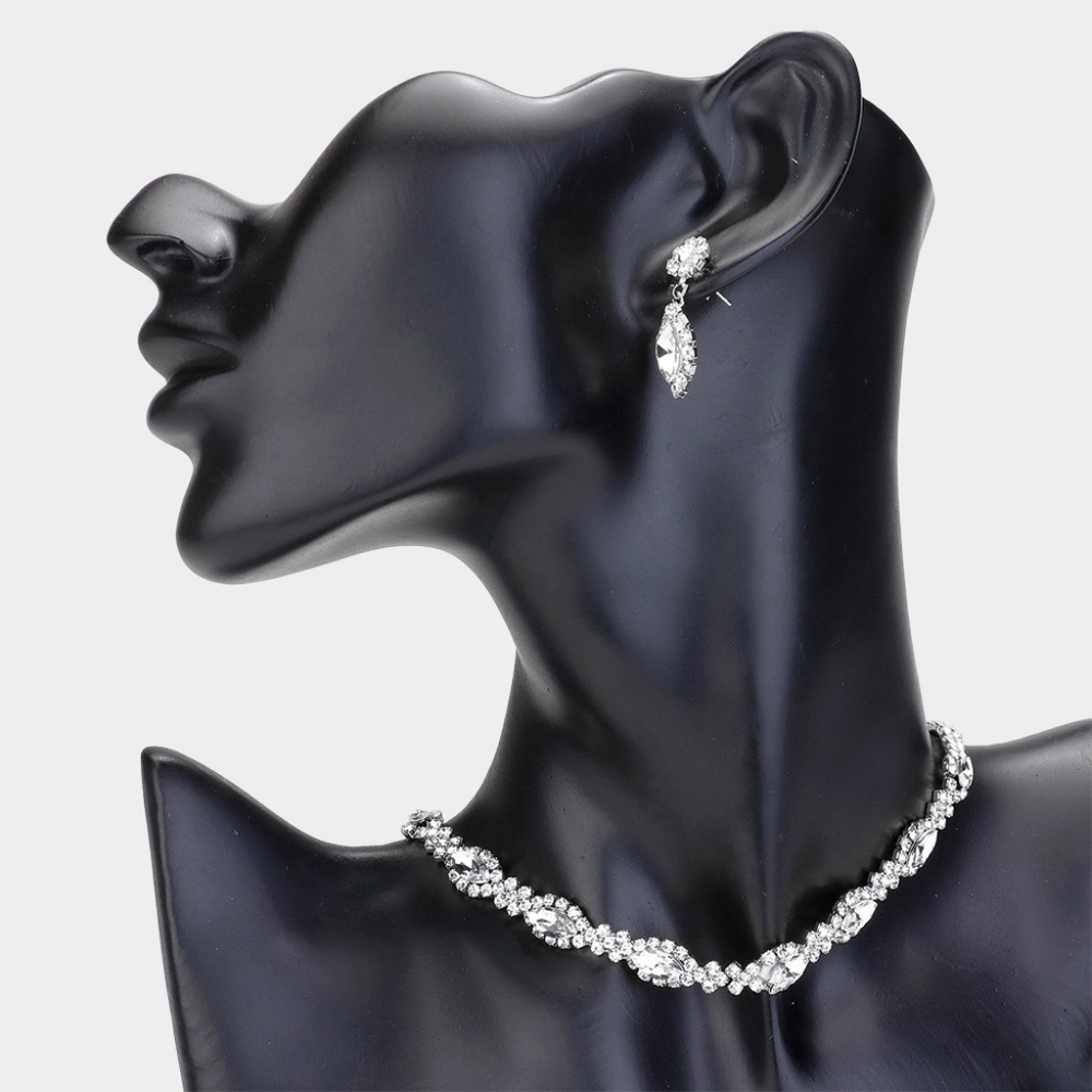 Silver Crystal Marquise Choker Necklace Chain Rhinestone Formal Jewelry Set